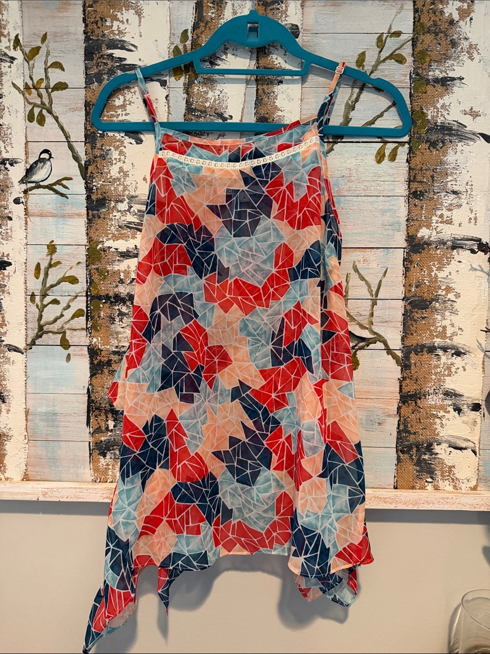 BCBGeneration Asymmetrical Handkerchief Tank Top in Red, Navy & Cream